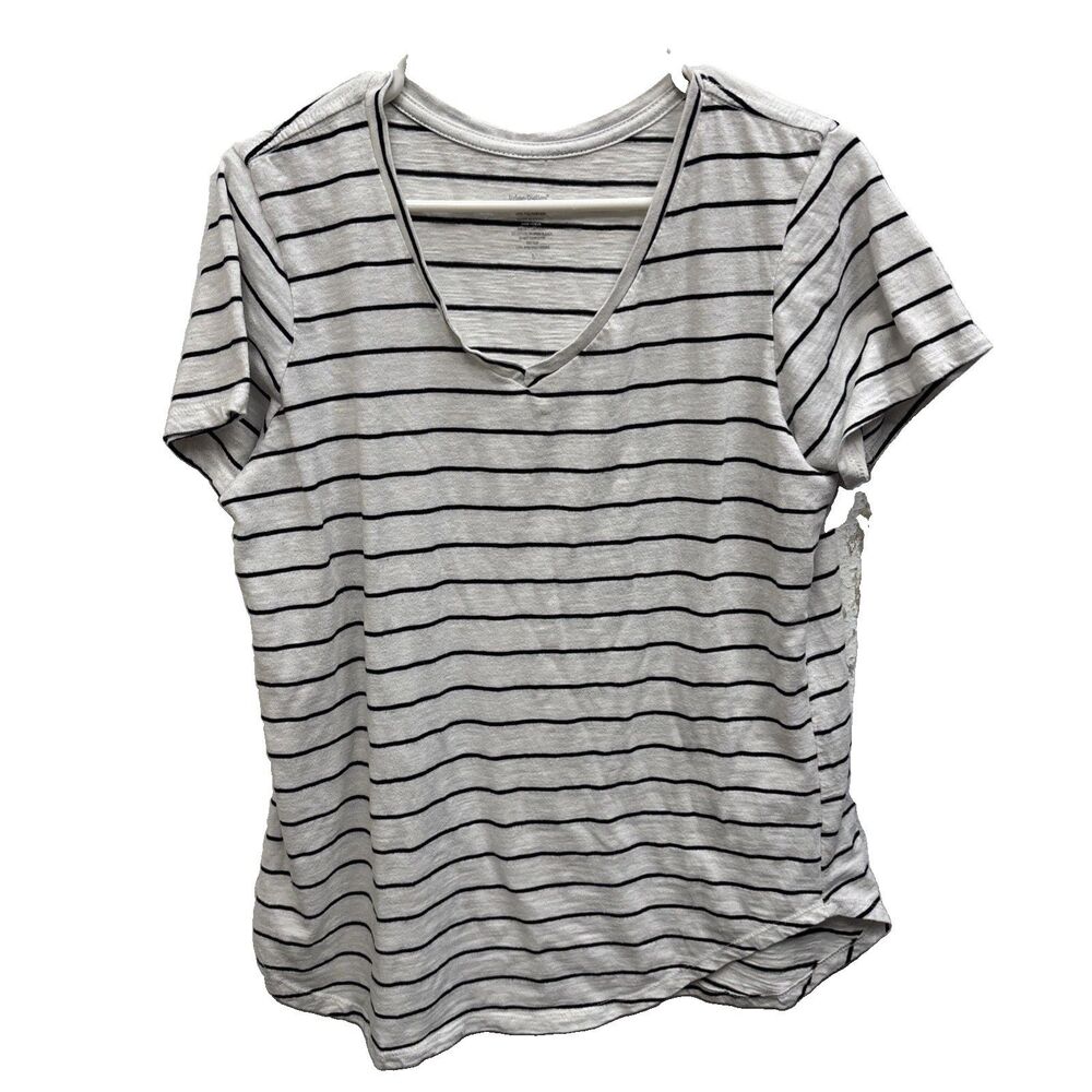Urban Diction Top White Black Stripe Short Sleeve T Shirt Blouse Women L Cotton